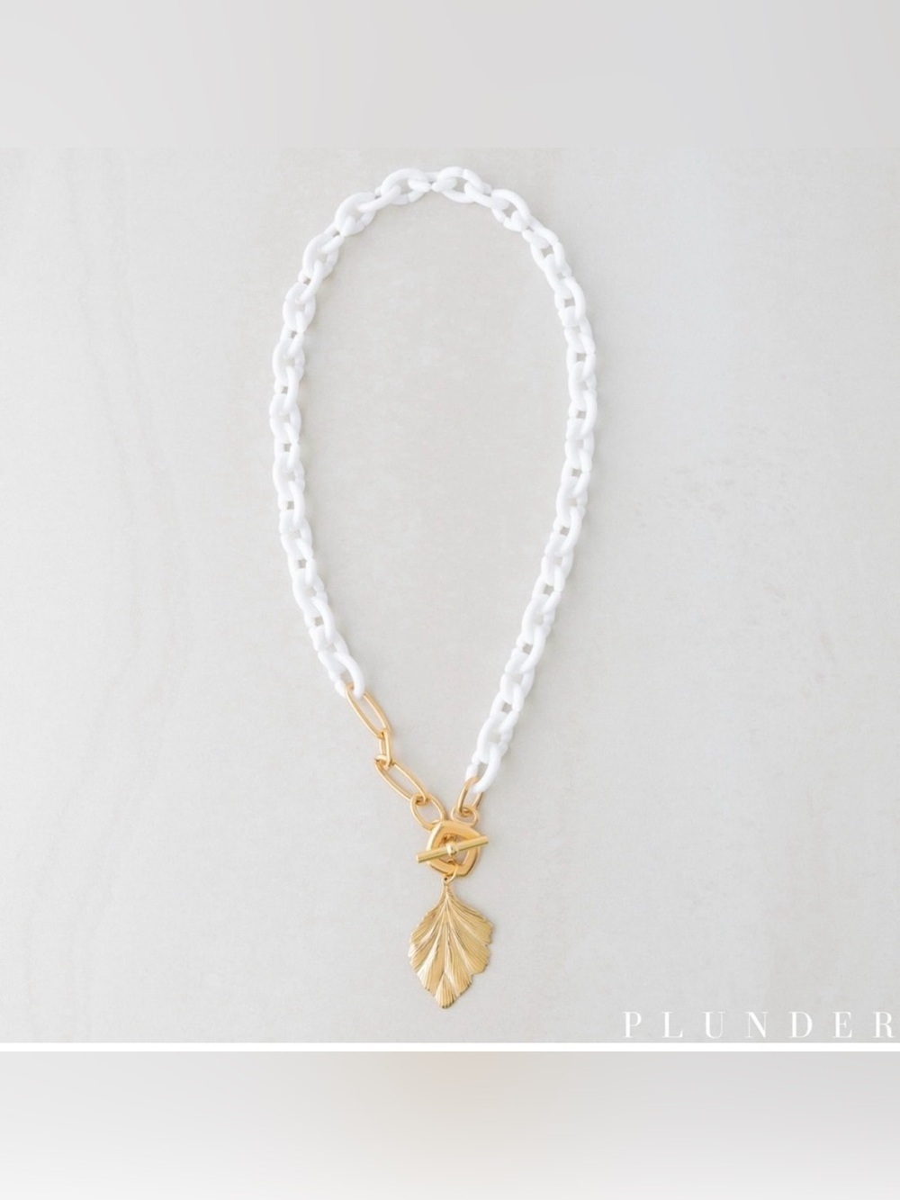 Plunder Talia Necklace 18K Gold Plated White Acrylic Link Chain Leaf Charm 20"